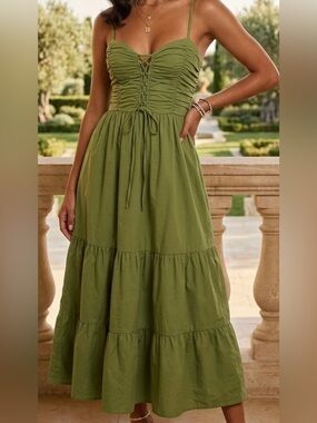 Lucky Brand Ruched Olive Green Tiered Maxi Dress